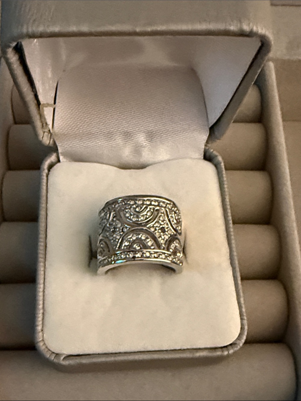 Intricate Silver Wide Band Ring with Pavé Details